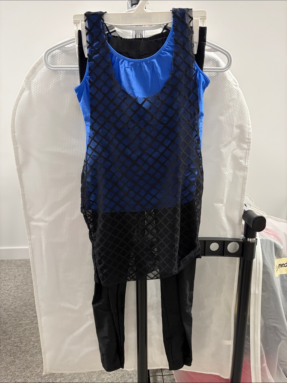 Blue and Black Layered Mesh Tank Top with Matching Black Leggings
